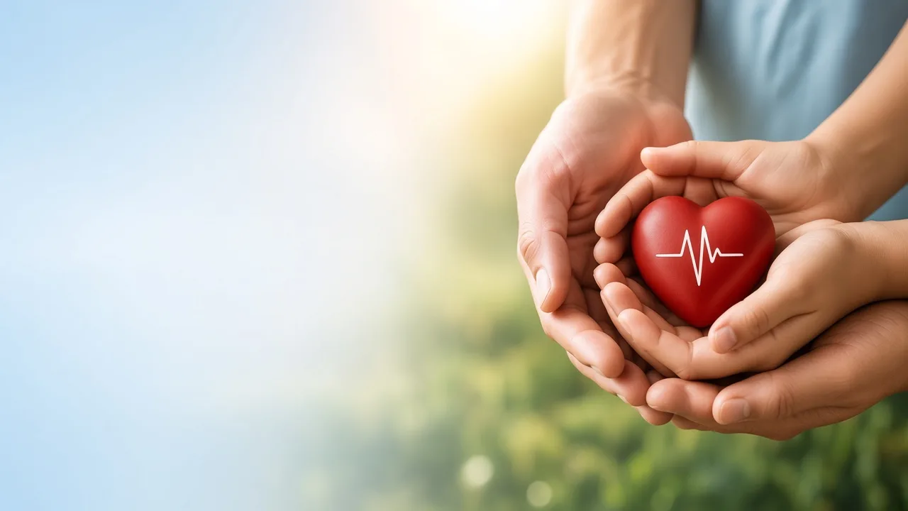 Parent and child holding a red heart with a heartbeat line together
