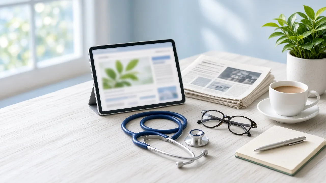 Newspaper and stethoscope on a bright desk