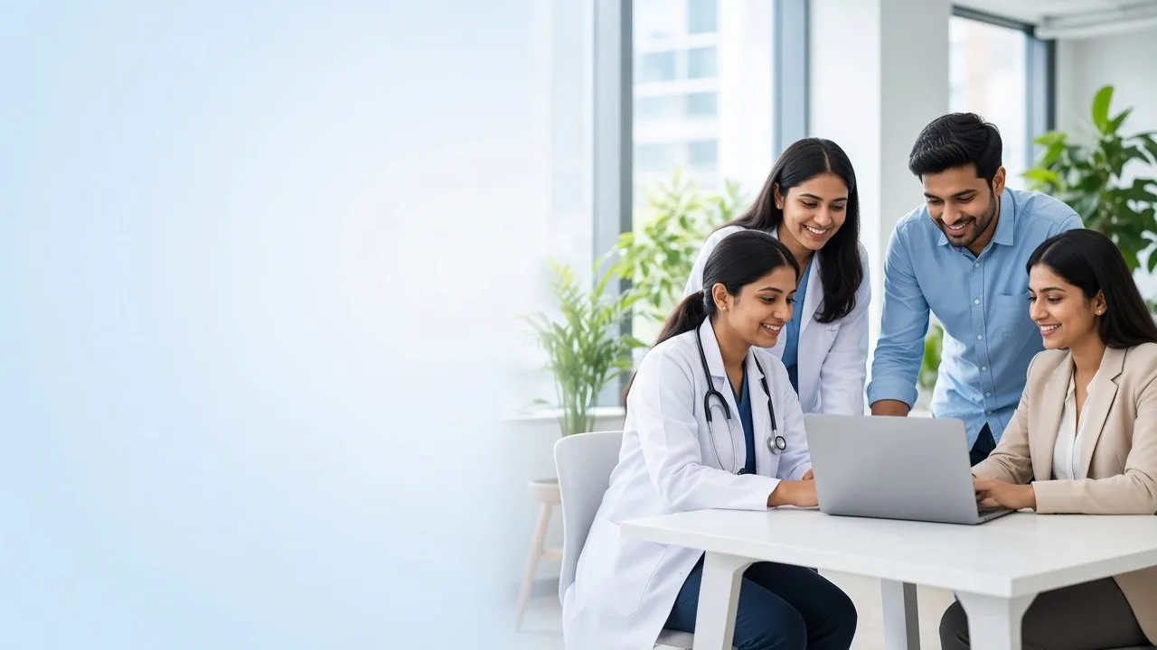 Doctors and technology team members working together at a laptop