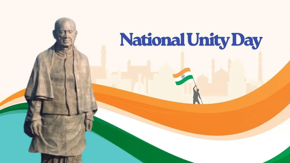 Statue of Sardar Vallabhbhai Patel beside the words National Unity Day, with tricolour waves